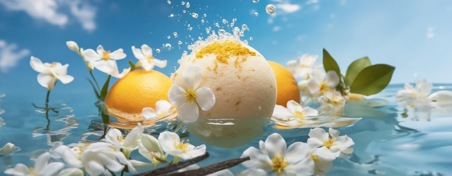 She's the Bomb Energy Balance Bomb immersed in water, surrounded by a blue sky and flowers