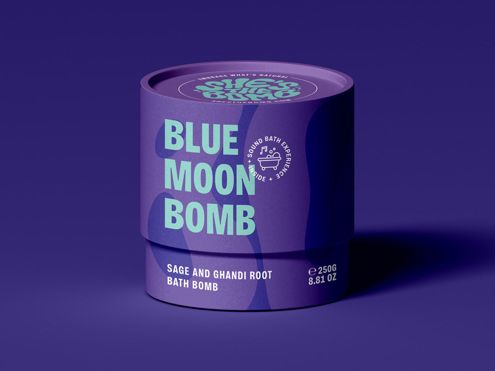 Bath Bomb packshot She's the Bomb, Blue Moon Bomb, Sage and Ghandi Root Bath Bomb