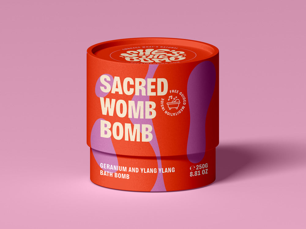 Bath Bomb packshot She's the Bomb, Sacred Womb Bomb, Geranium and Ylang Ylang Bath Bomb