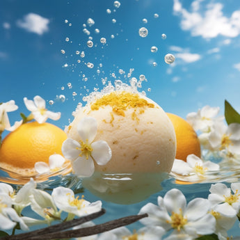 We see a light yellow bath bomb floating on water, in a sea of white flowers, and two oranges floating next to it. On the background we see a blue sky and some clouds in the distance. 