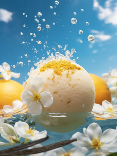 We see a light yellow bath bomb floating on water, in a sea of white flowers, and two oranges floating next to it. On the background we see a blue sky and some clouds in the distance. 